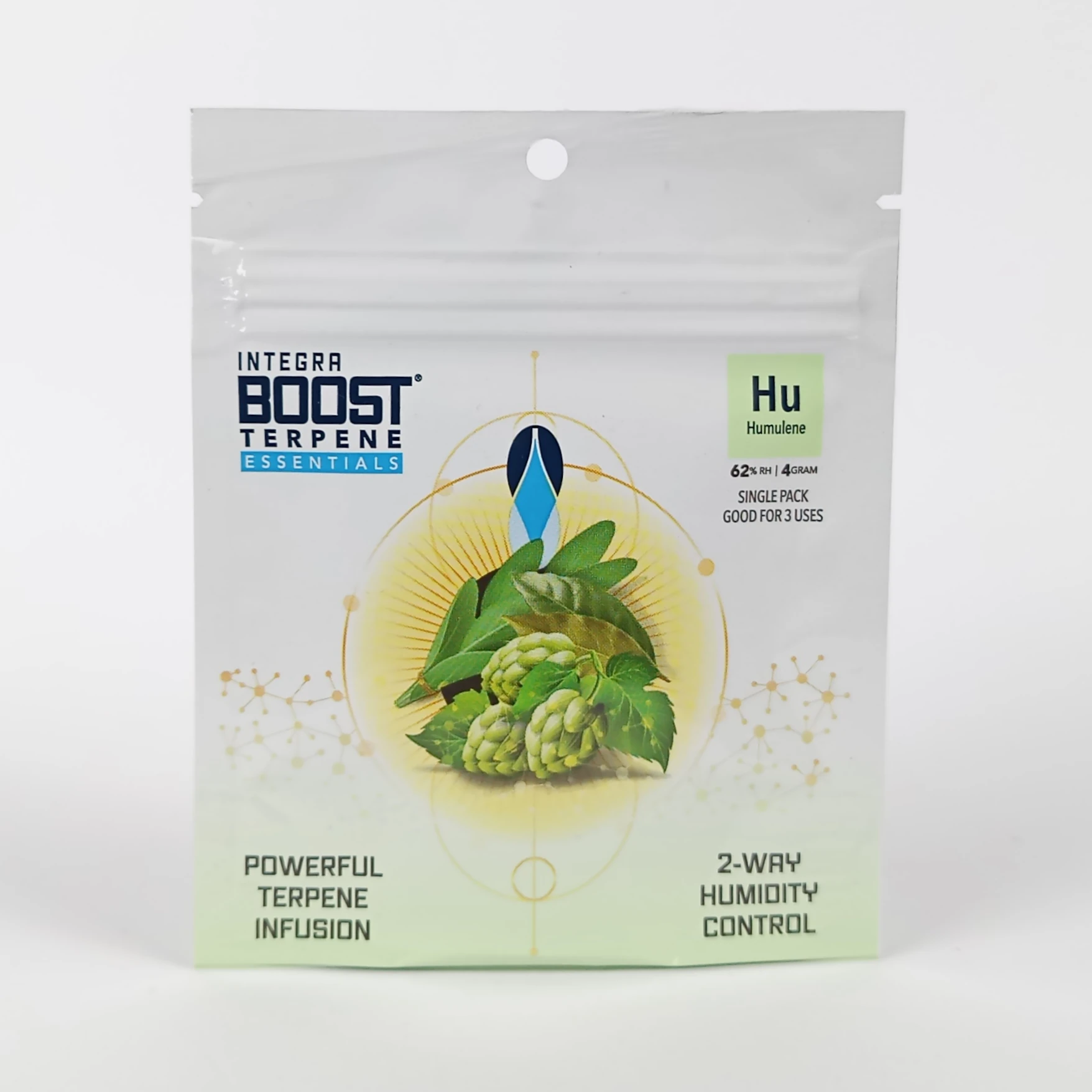 Integra Boost Terpene Essentials Humulene 4g – humidity control pack with terpene infusion for freshness and aroma preservation in storage jars.