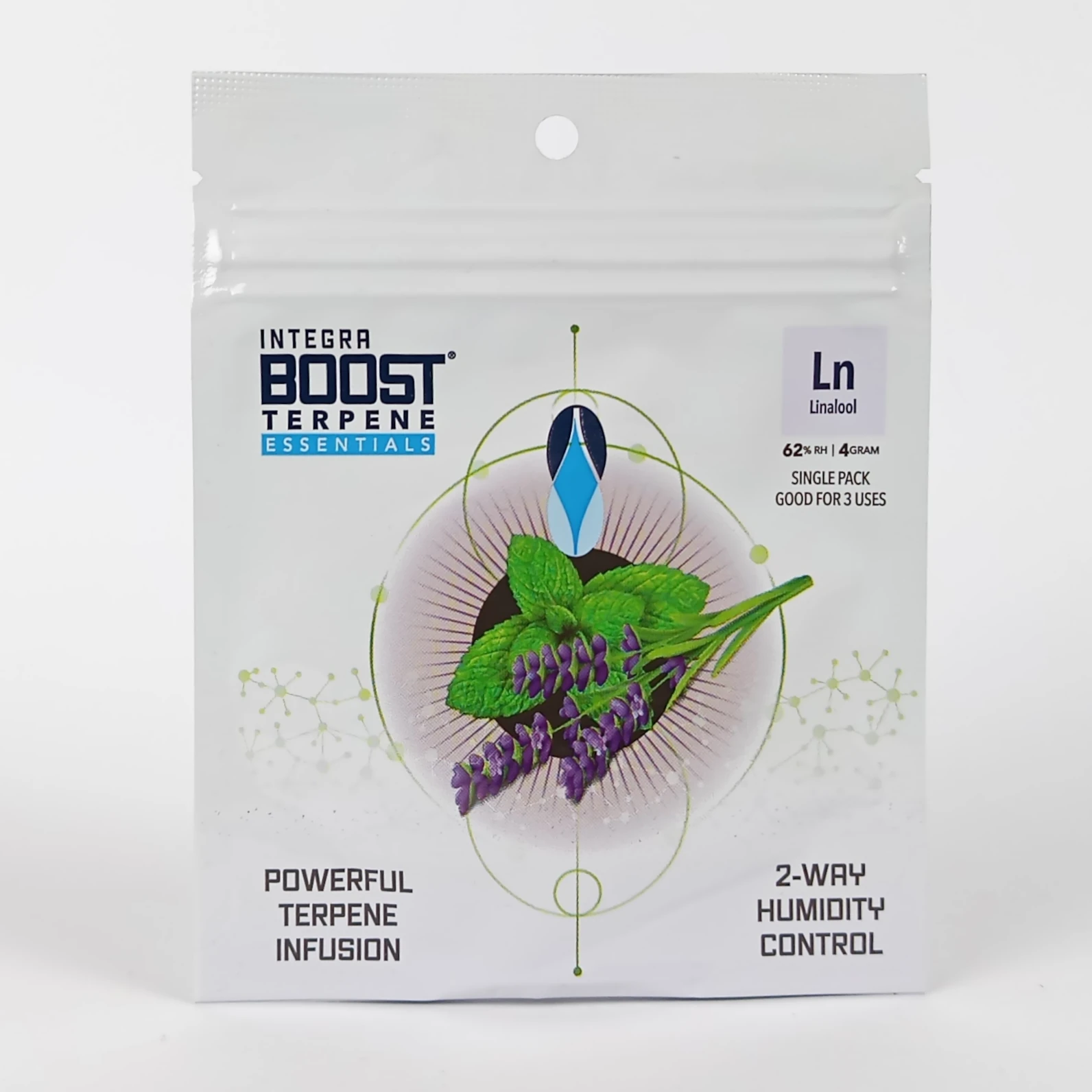 Integra Boost Terpene Essentials Linalool 4g – lavender-infused humidity control pack for balanced moisture and enhanced aroma preservation.