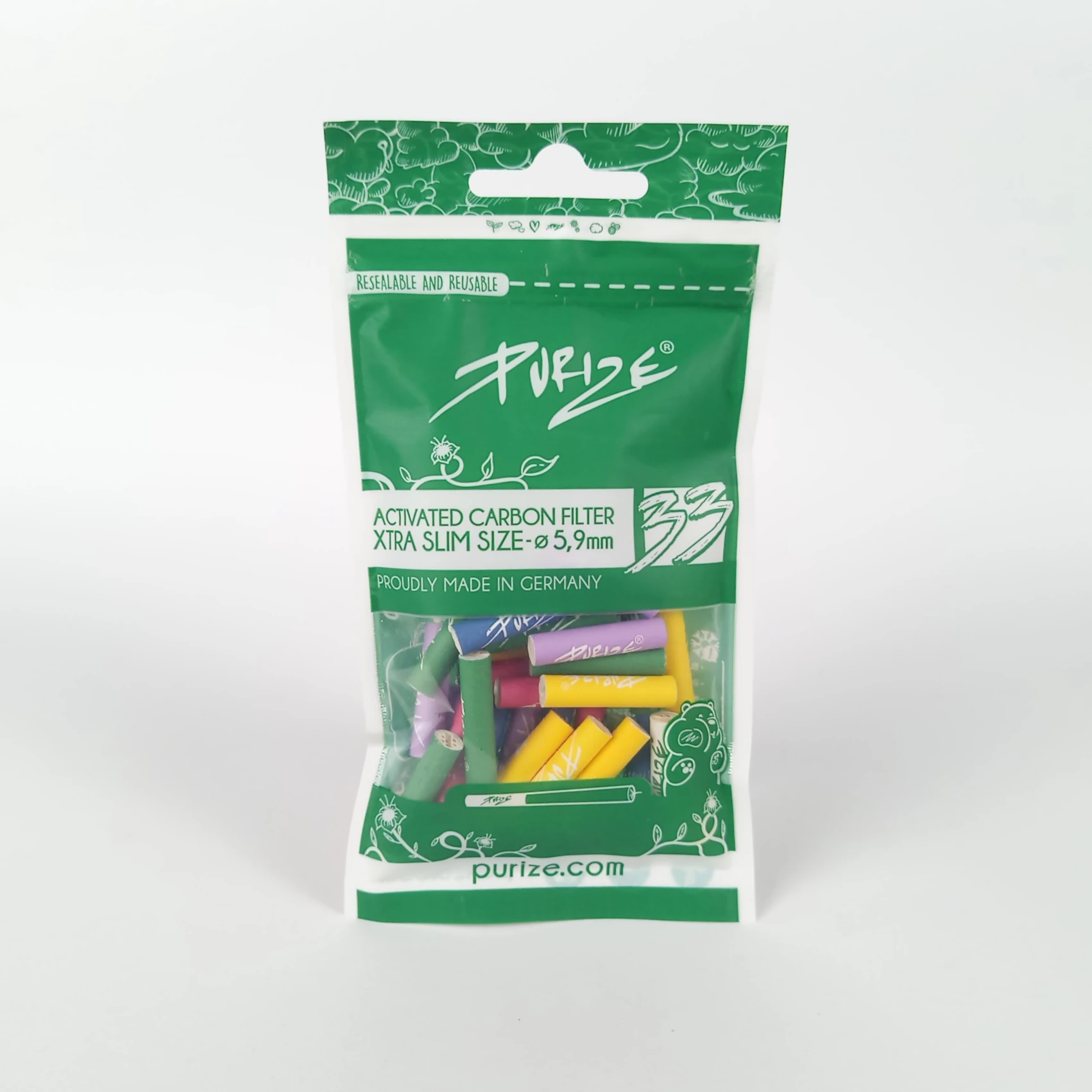 Purize Activated Carbon Filters Xtra Slim 5.9 mm – colorful reusable filters made in Germany, designed to cool and purify smoke for smoother sessions.