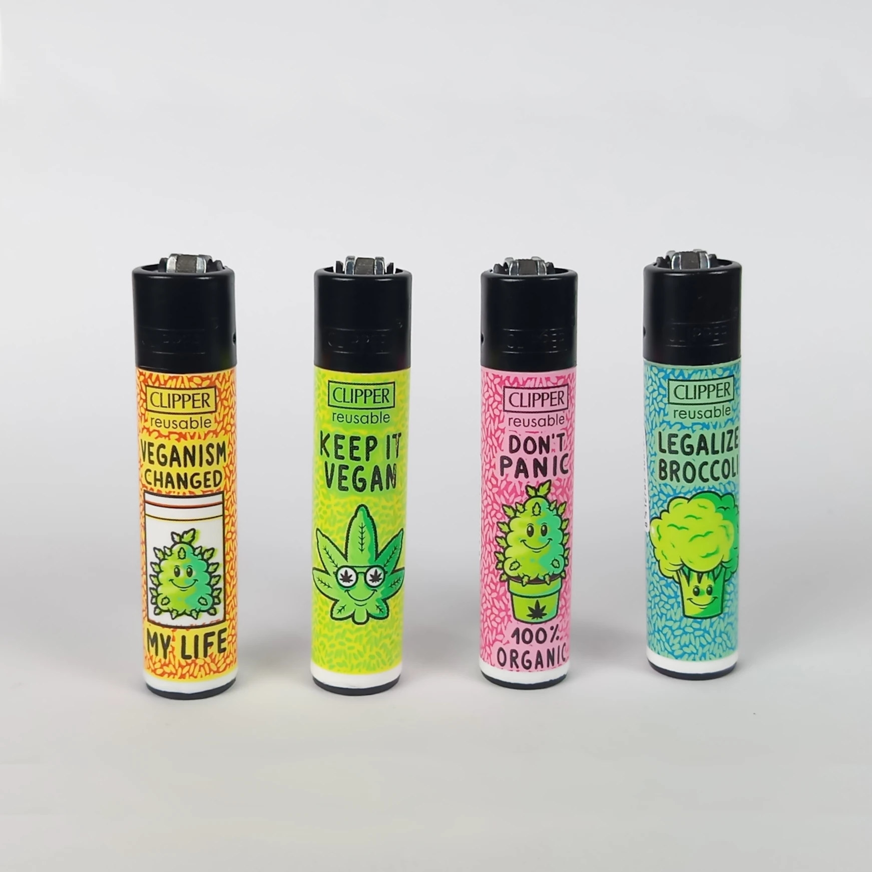 Clipper Large Lighter Vegan Set – colorful reusable lighters with fun vegan-themed designs, perfect for eco-friendly smokers and collectors.