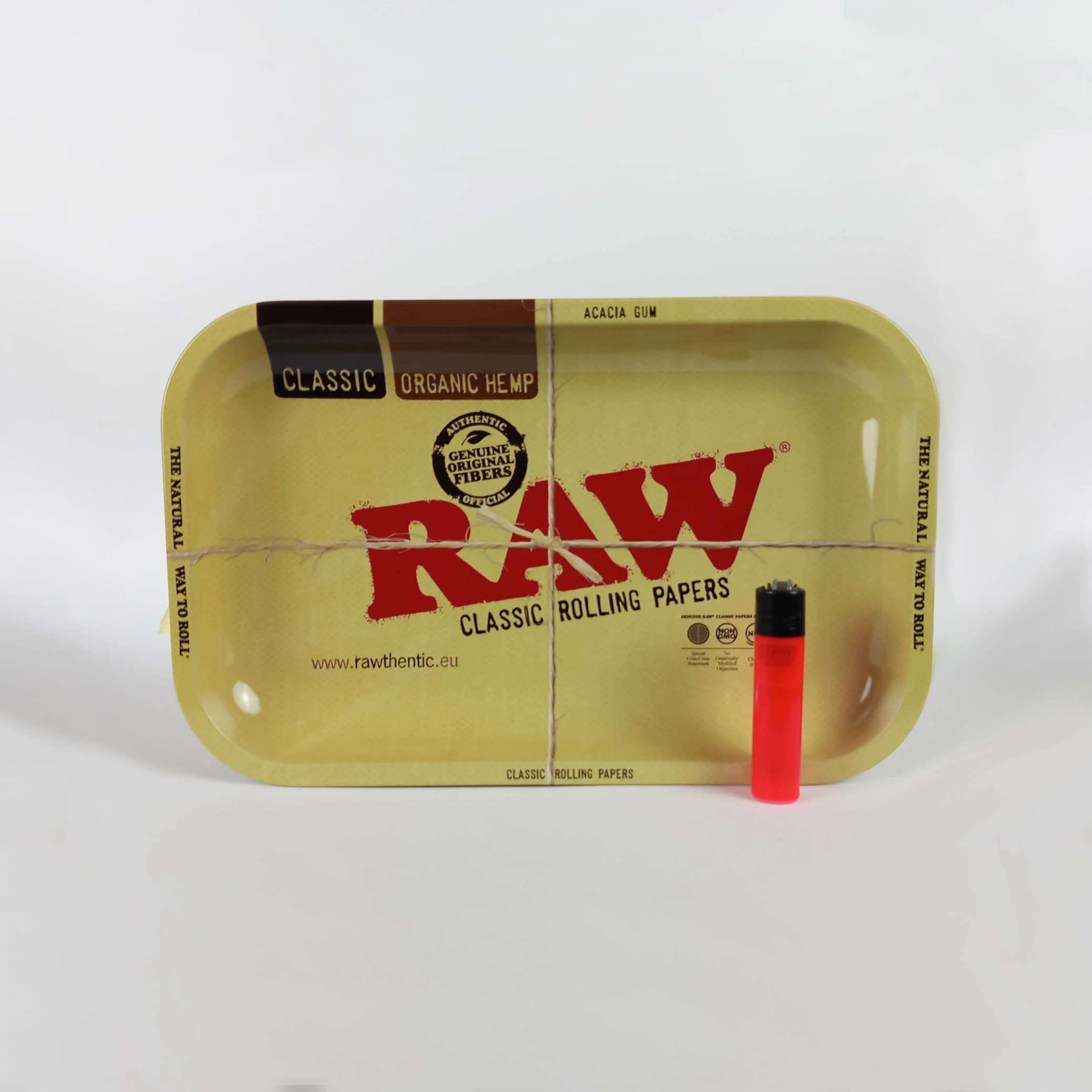 RAW metal rolling tray L – classic design for rolling papers and smoking accessories – Green Dragon Shop - with lighter next to it for size