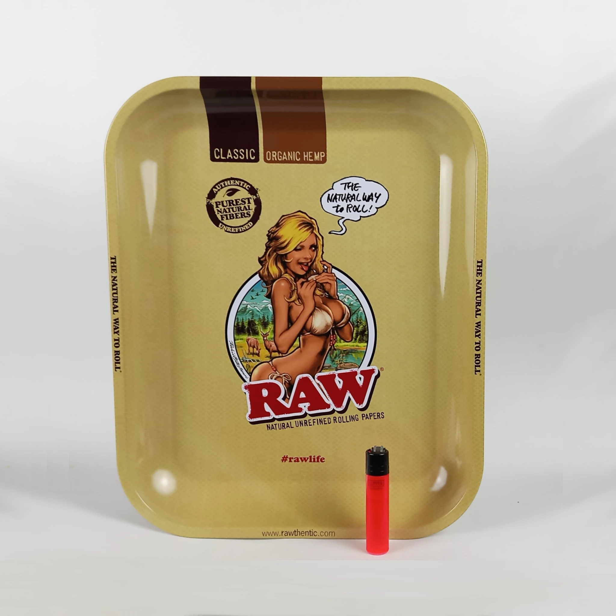 RAW metal rolling tray XL – girl design for rolling papers and smoking accessories – Green Dragon Shop - with lighter next to it for size